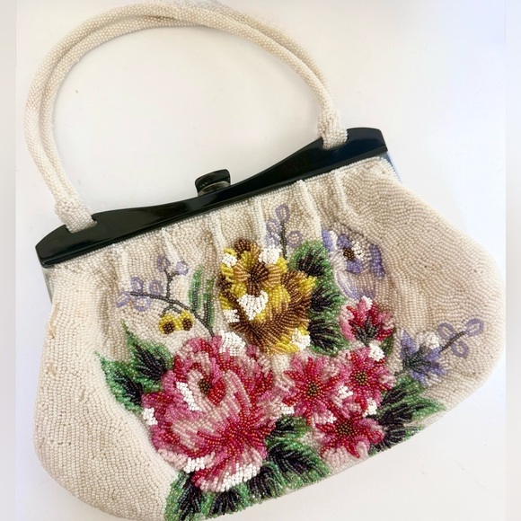 Vintage 50s Beaded Evening Purse Floral Acrylic Top Handle Bag Satin - Picture 1 of 10